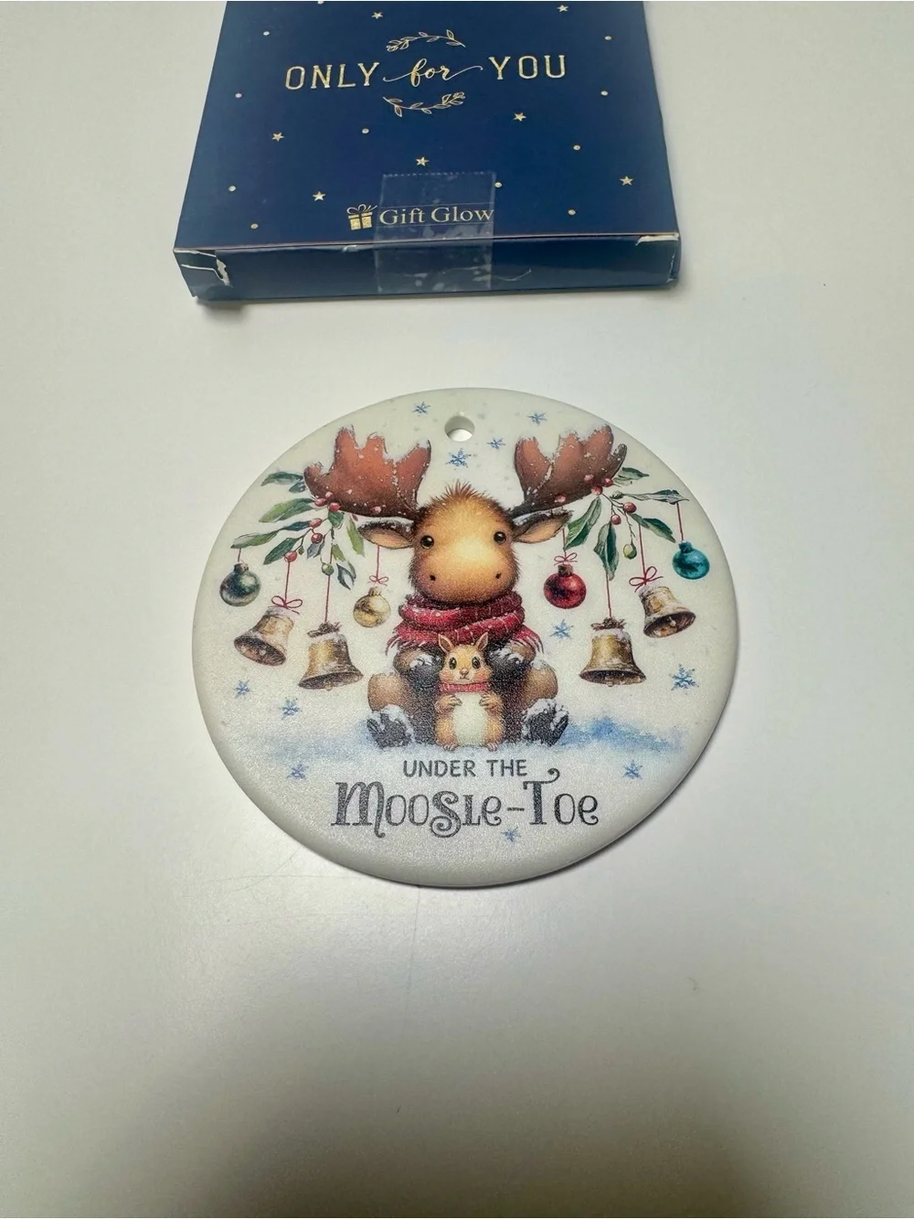 NIB Under the Moosle-Toe Holiday Ceramic Ornament - 3 inches